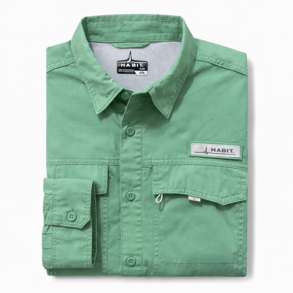 Habit Performance Fishing Shirt Green Button Down Size M Vented Outdoor
